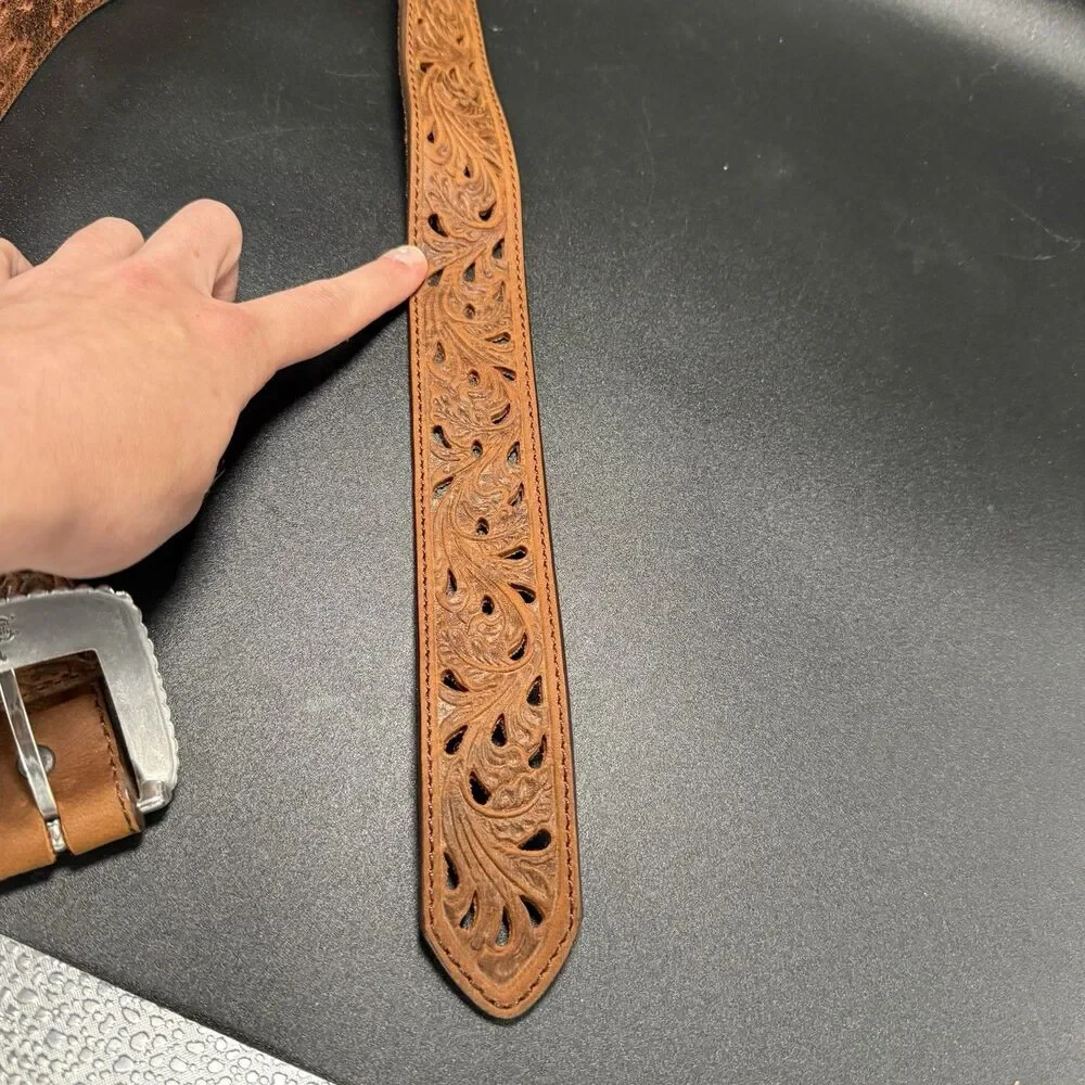 Tony Lama Leather Belt Men's 32 Brown Floral Cutout Western Clasp